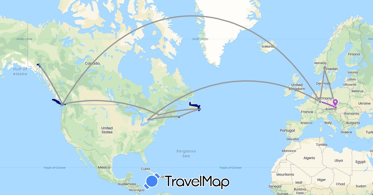 TravelMap itinerary: driving, bus, plane, cycling, train, hiking, boat in Austria, Canada, Germany, Norway (Europe, North America)