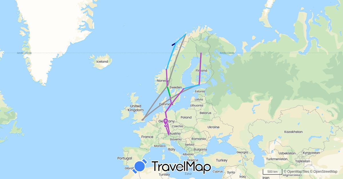 TravelMap itinerary: driving, bus, plane, train, boat in Austria, Germany, Denmark, Finland, United Kingdom, Norway, Sweden (Europe)