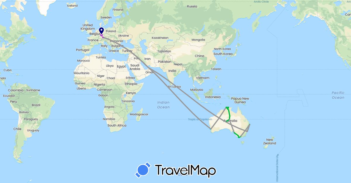 TravelMap itinerary: driving, bus, plane, train, boat in United Arab Emirates, Australia, Germany (Asia, Europe, Oceania)